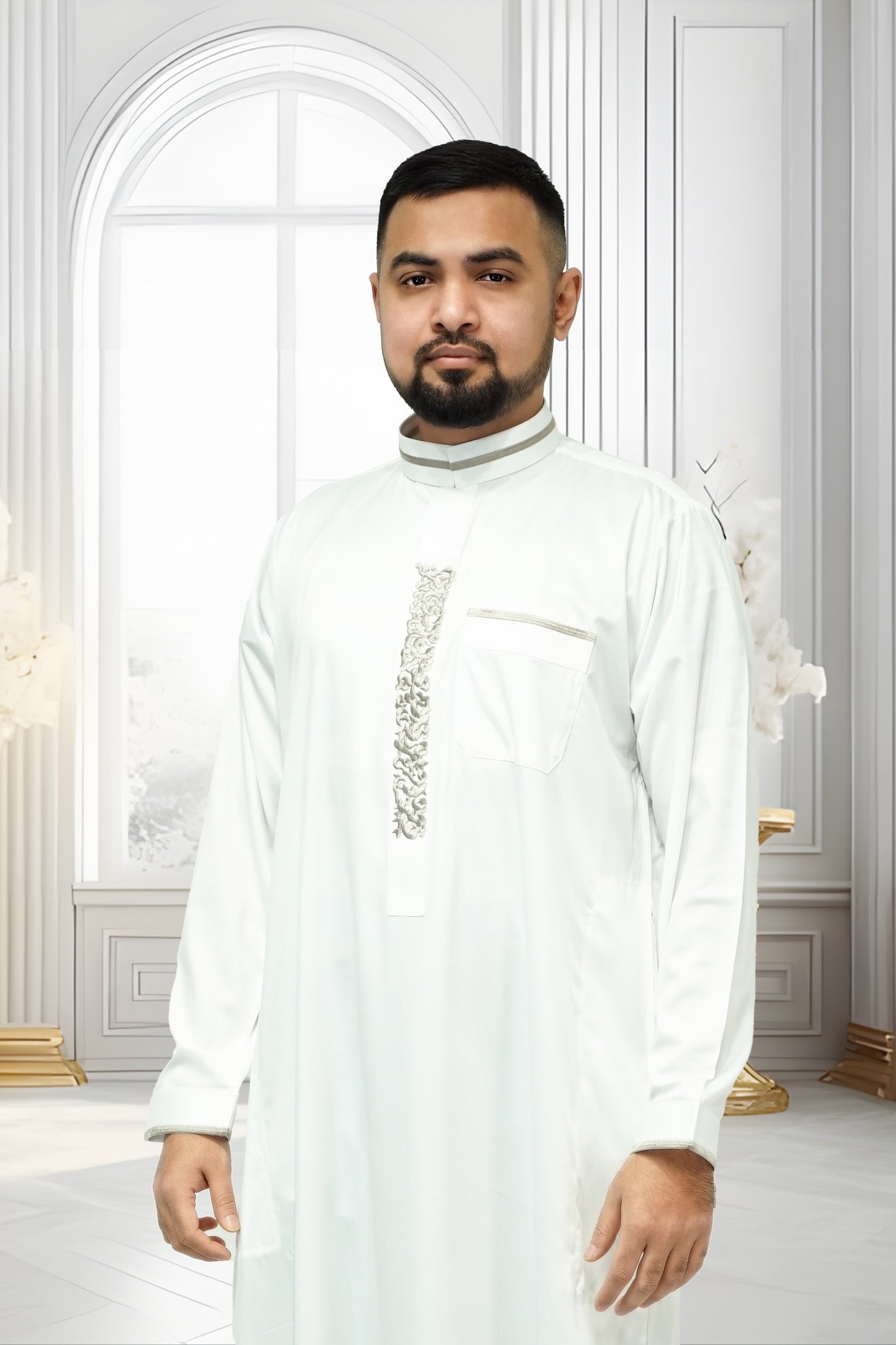 Al Hannawi Designer Thobe White with Khaki Embroidery