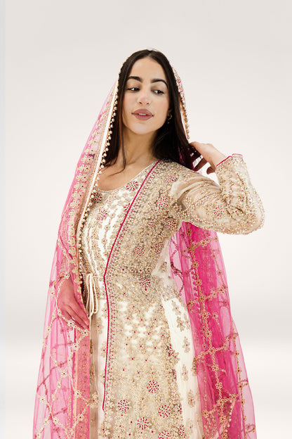 Elegant White & Pink Soft Net Asian Long Suit