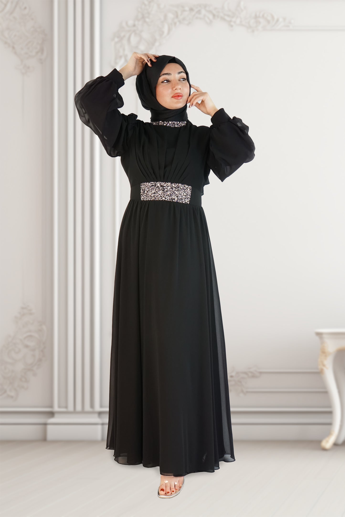 Elegant Black Chiffon Dress with Pleated Design and Swarovski Accents