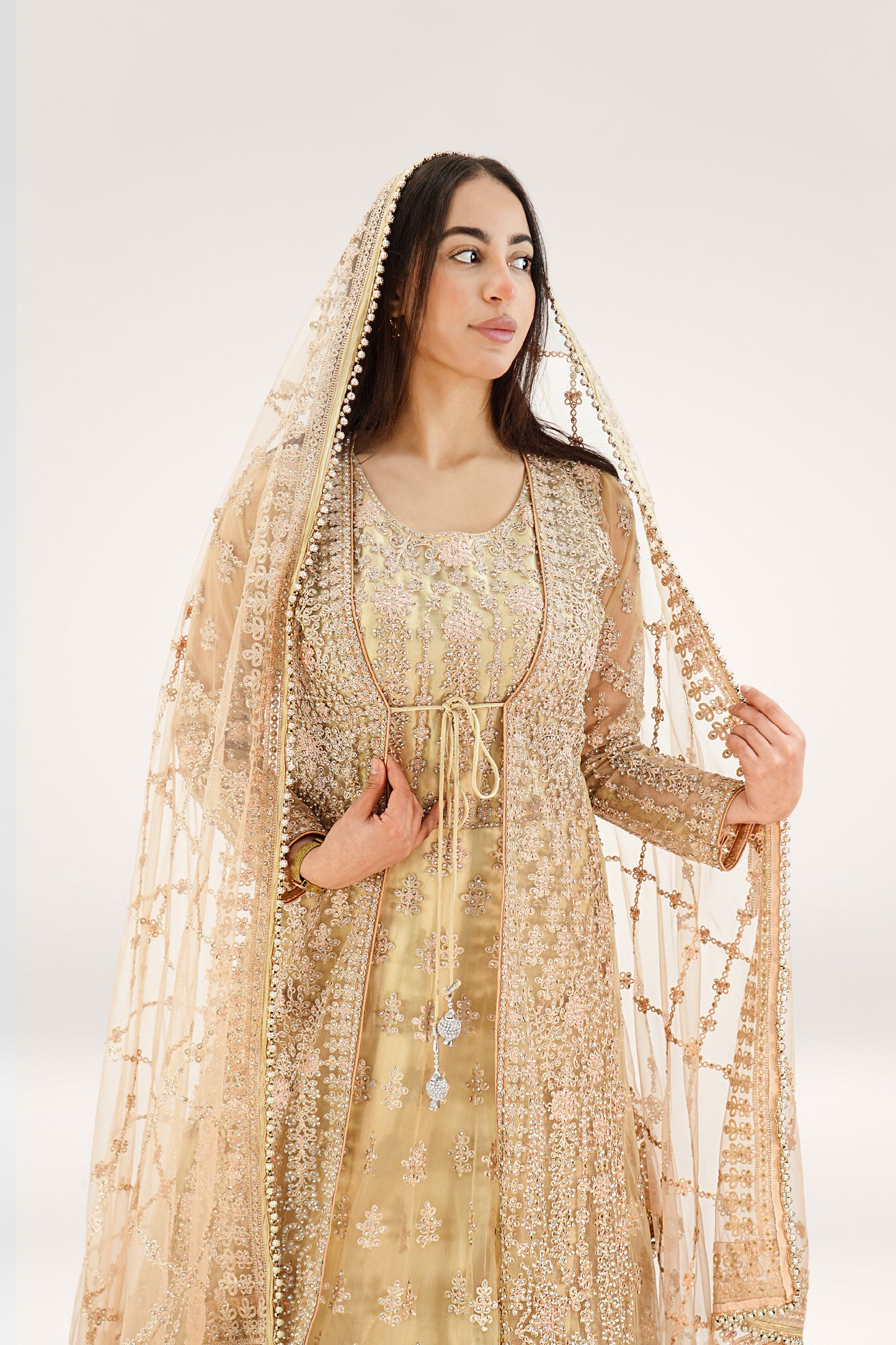 Elegant Golden Soft Net Asian Long Suit