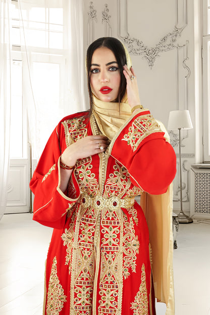 Exquisite Moroccan Luxury Stone-Work 2-Piece Kaftan – Silk Crepe Red