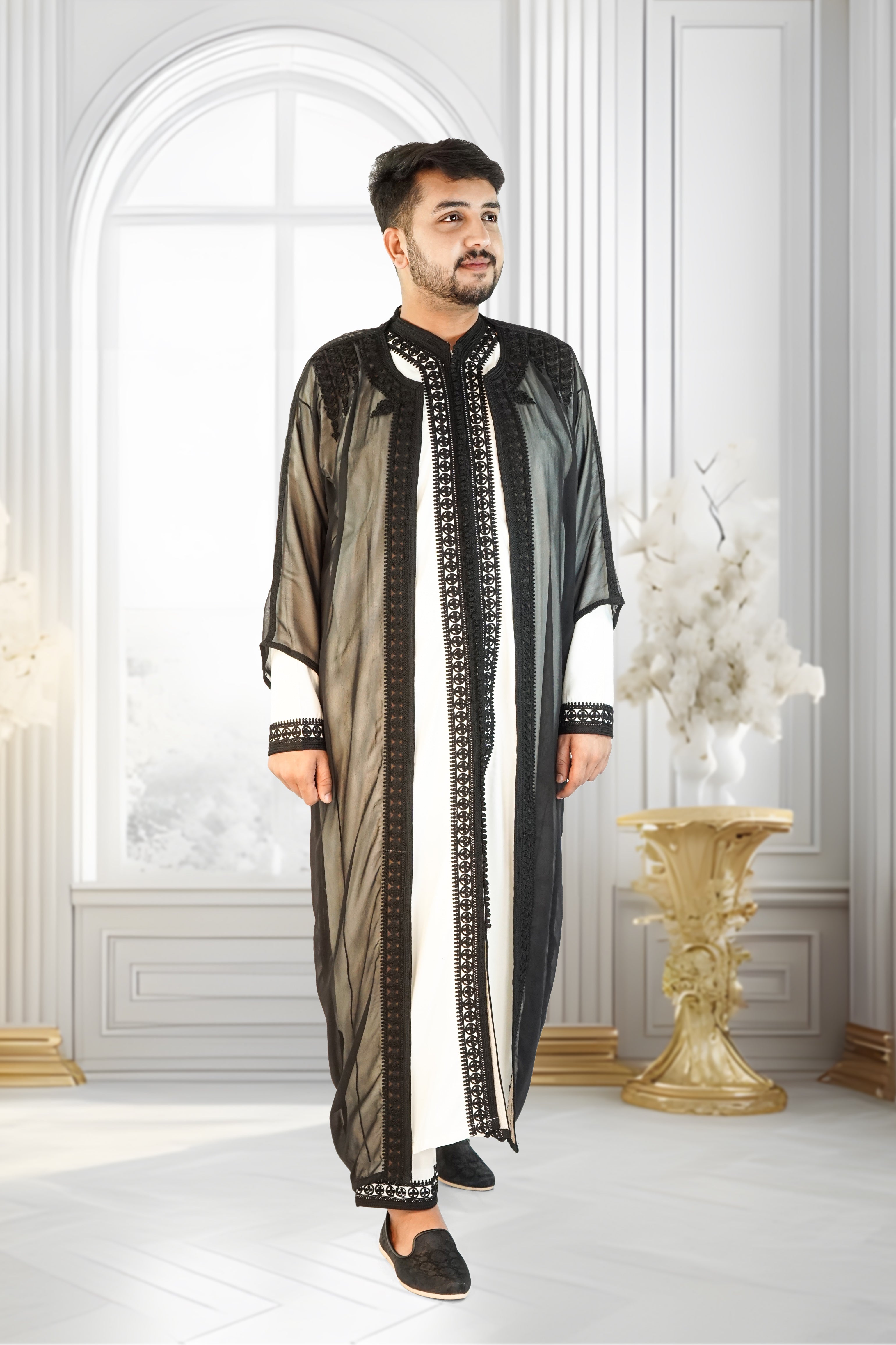 Men’s Black & White Jabador – Elegant Traditional Moroccan Style Outfit