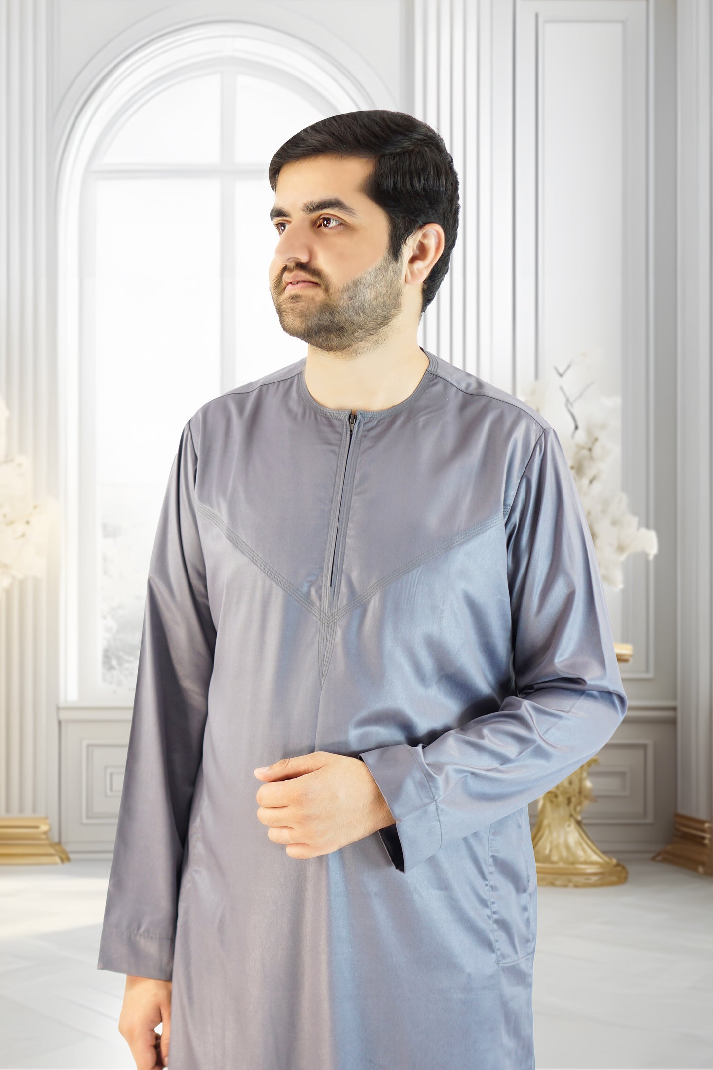 Shiny Grey Emirati Thobe with Zip and Collarless Design