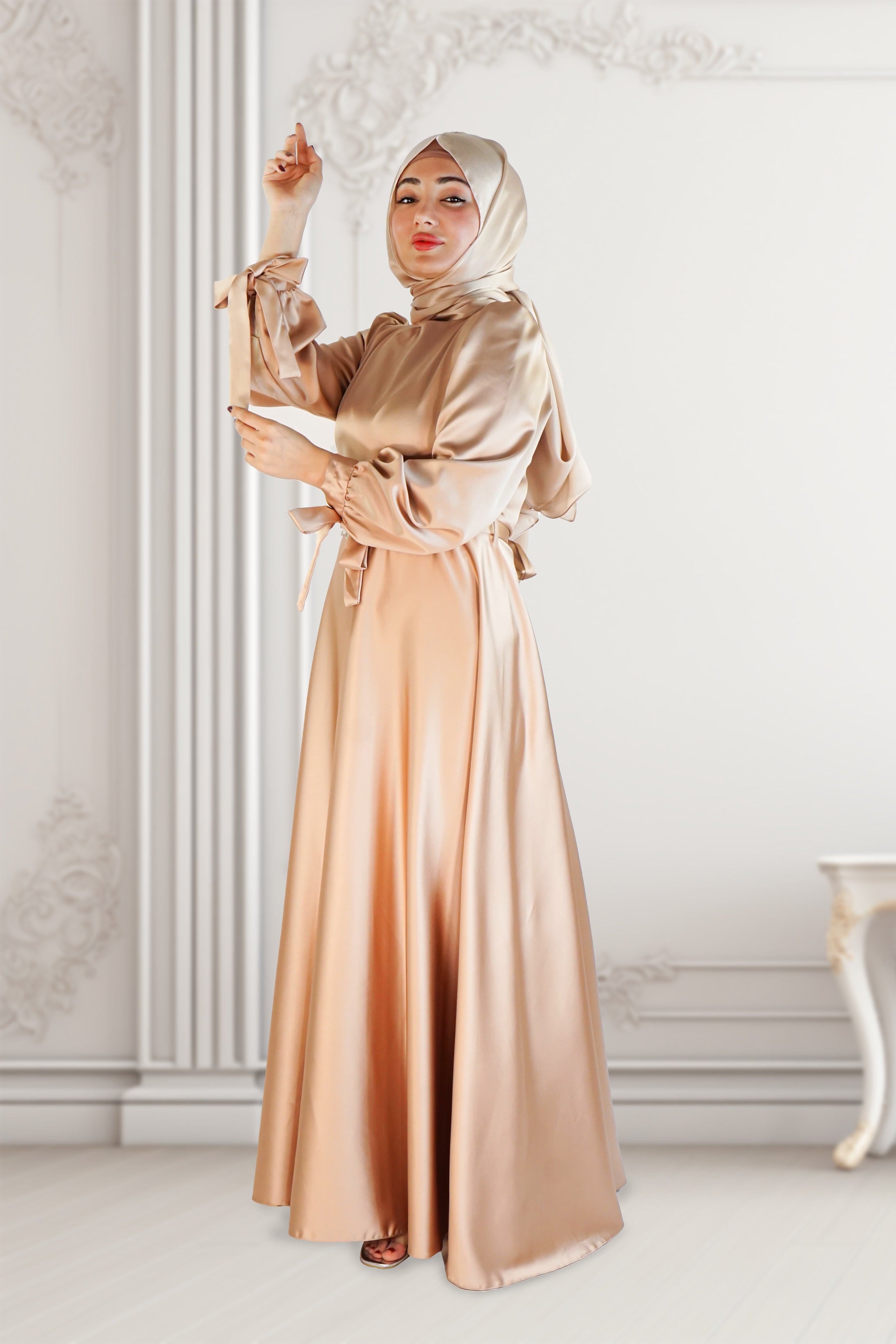 beige satin dress Elegant Beige Satin Dress with Swarovski Belt