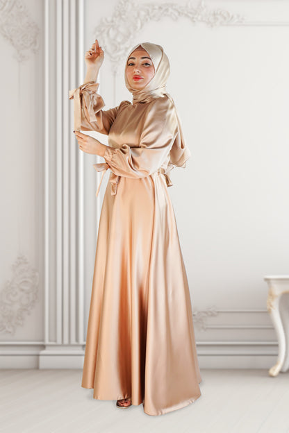 Elegant Beige Satin Dress with Swarovski Belt