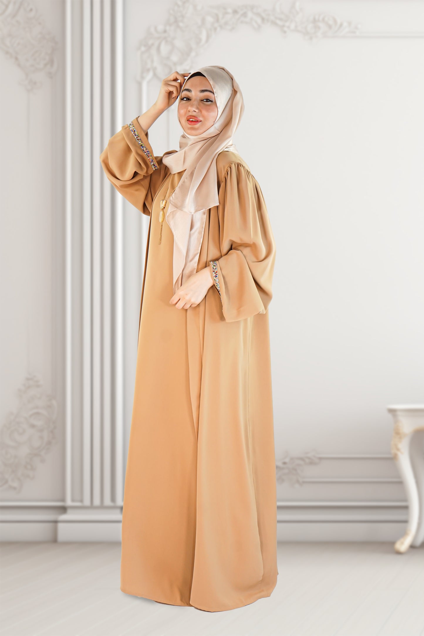 Two-Piece Moroccan Abaya with Belt Mint Camel – Thick Chiffon Elegance