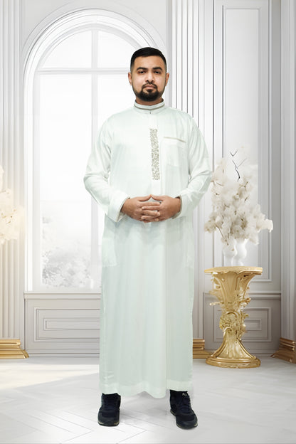 Al Hannawi Designer Thobe White with Khaki Embroidery