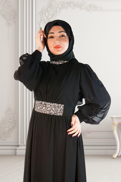 Elegant Black Chiffon Dress with Pleated Design and Swarovski Accents