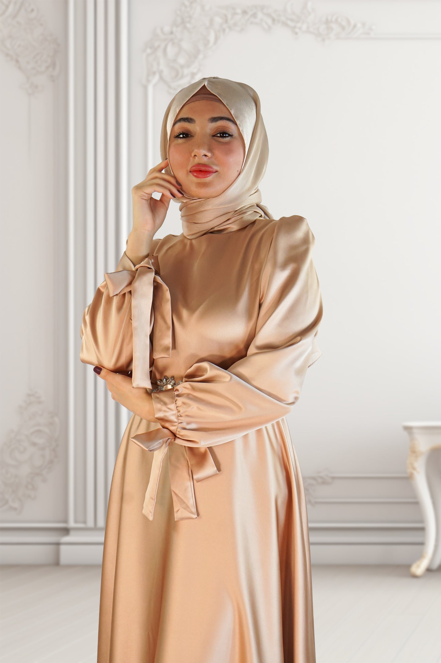 Elegant Beige Satin Dress with Swarovski Belt