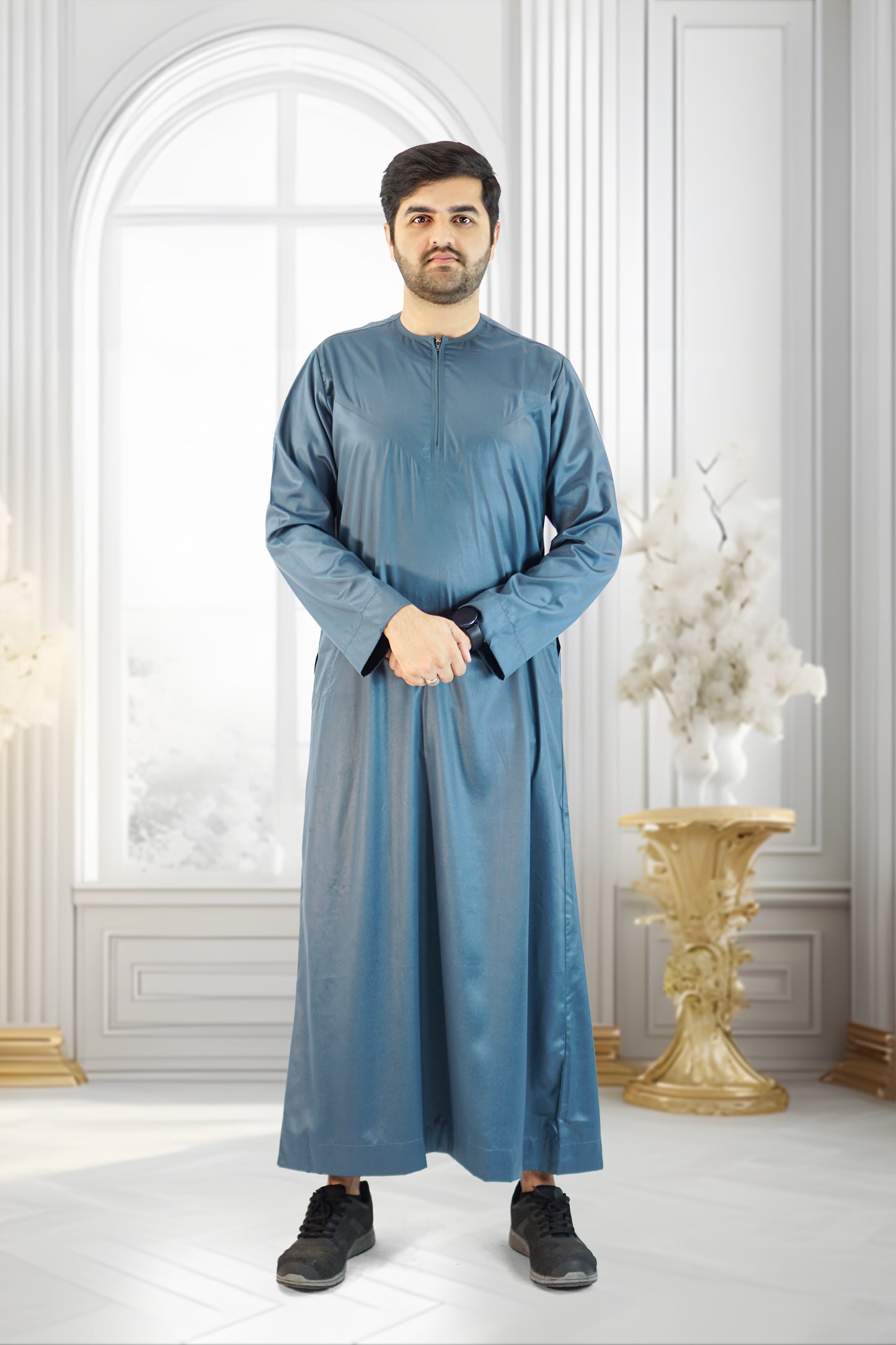 Shiny Teal Emirati Thobe with Zip and Collarless Design