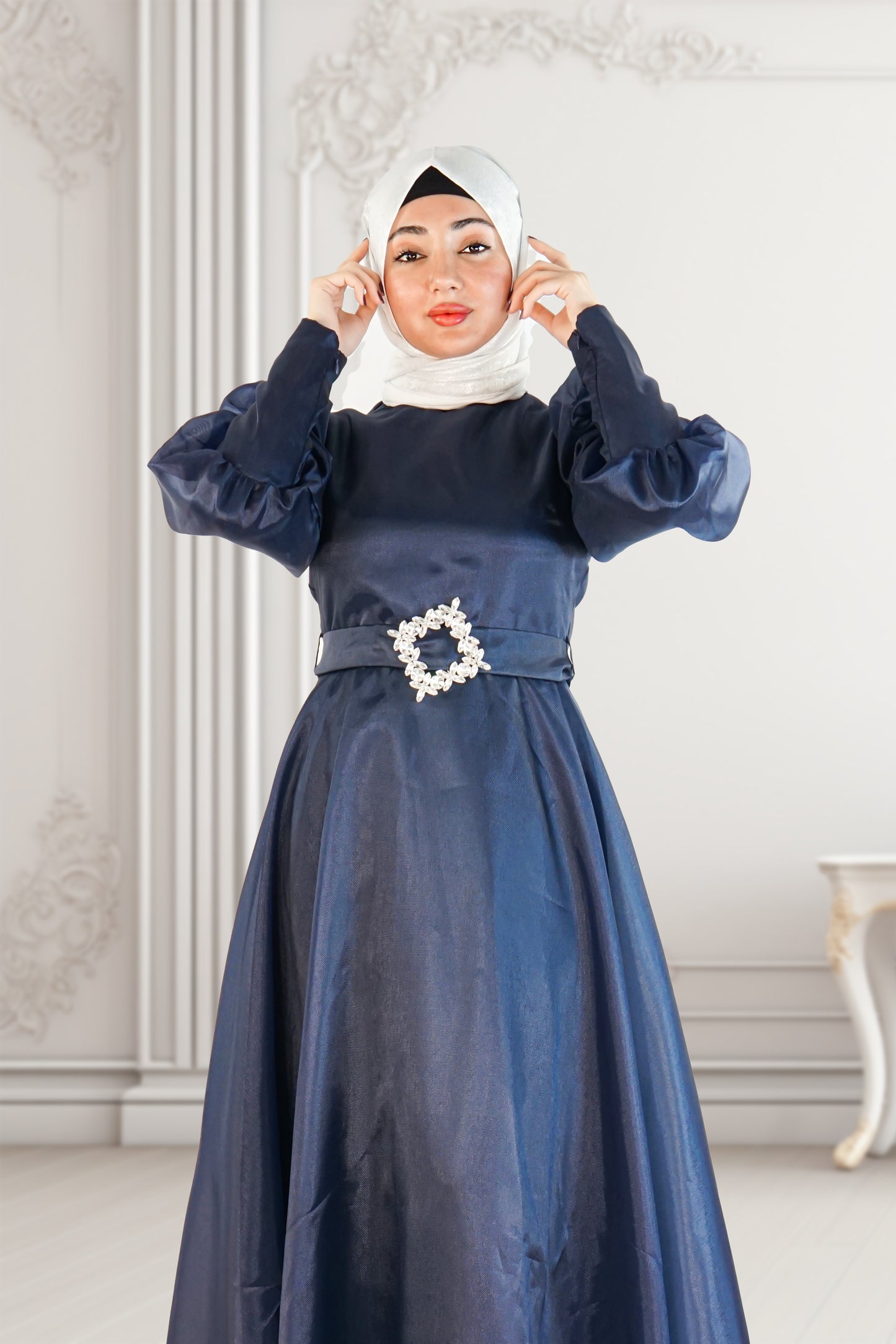 Chic Navy Blue Plain Organza Dress with Belt