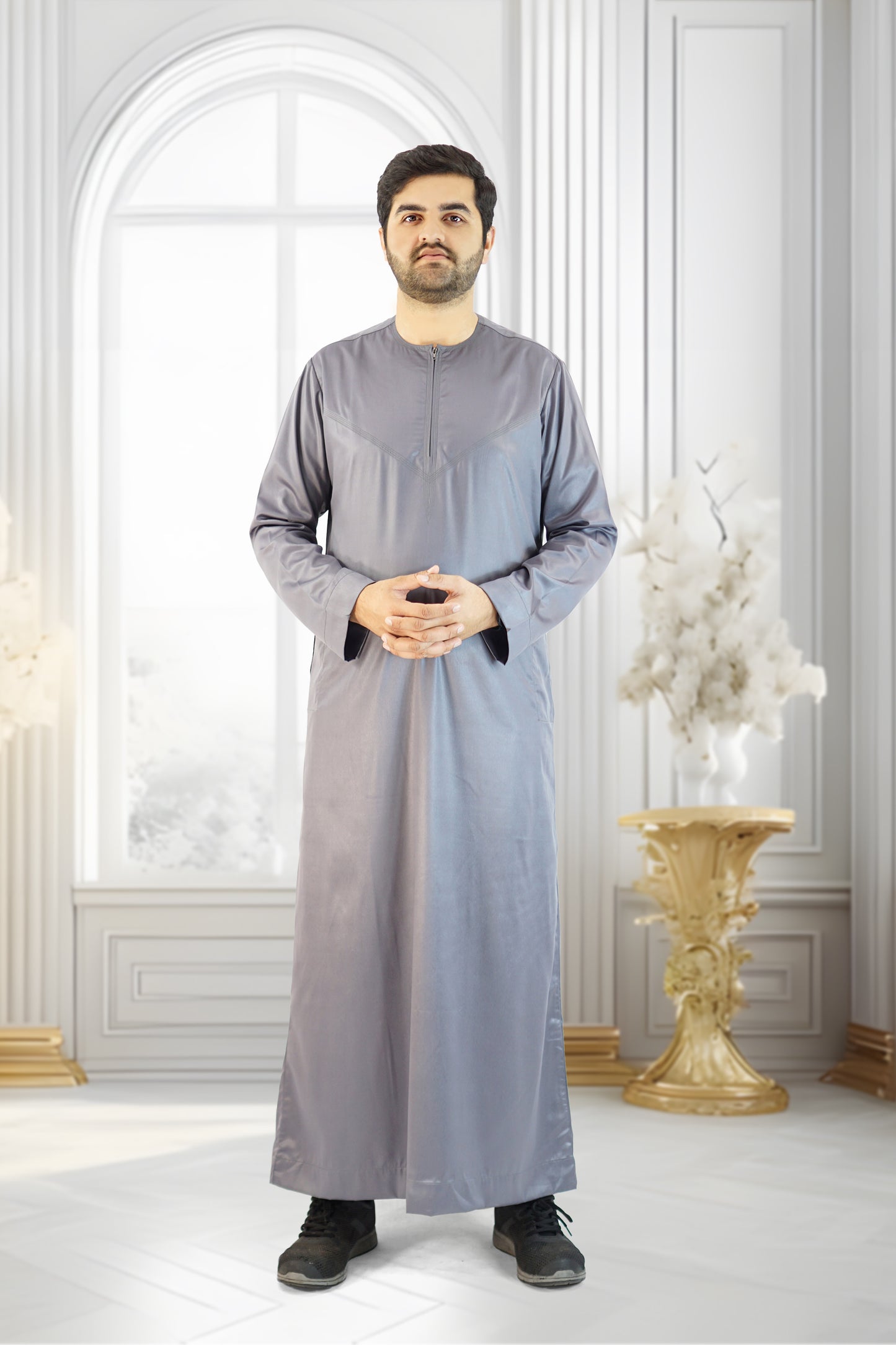 Shiny Grey Emirati Thobe with Zip and Collarless Design