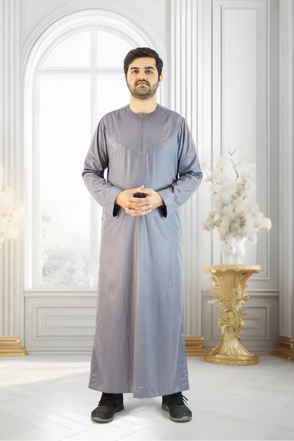 Shiny Grey Emirati Thobe with Zip and Collarless Design