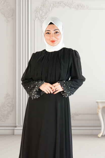 Elegant Black Dress with Pearl Work on Sleeves