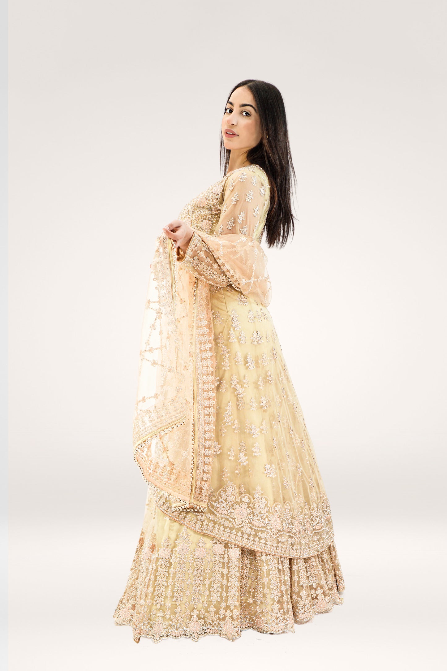 Elegant Golden Soft Net Asian Long Suit