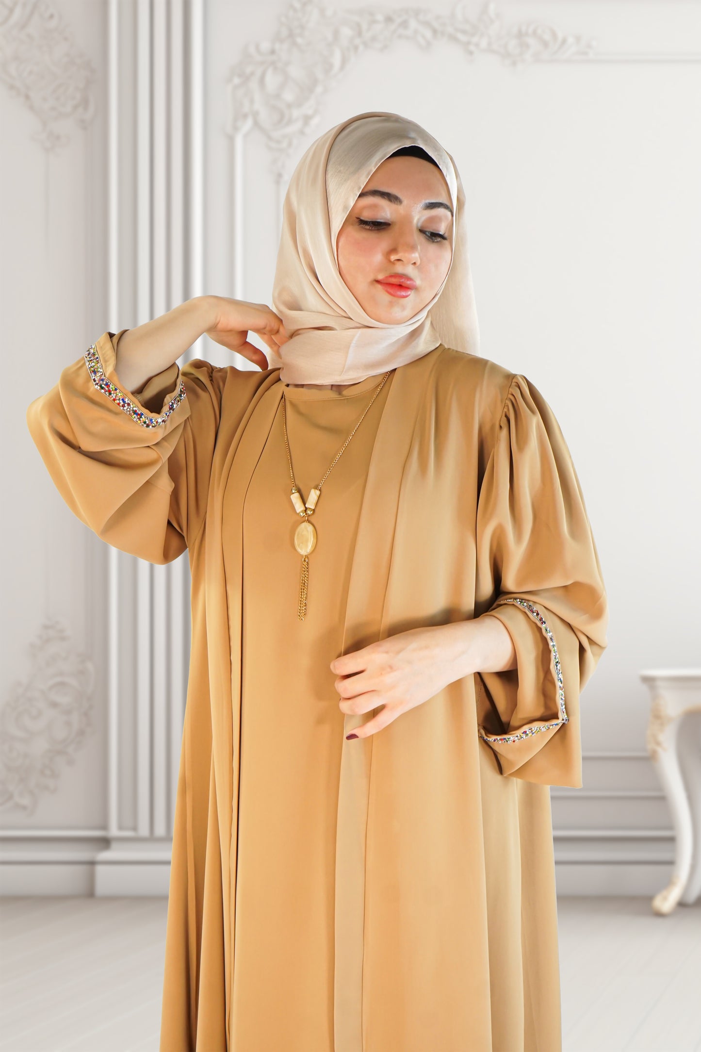 Two-Piece Moroccan Abaya with Belt Mint Camel – Thick Chiffon Elegance