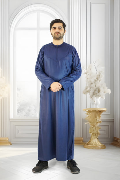 Shiny Blue Emirati Thobe with Zip and Collarless Design