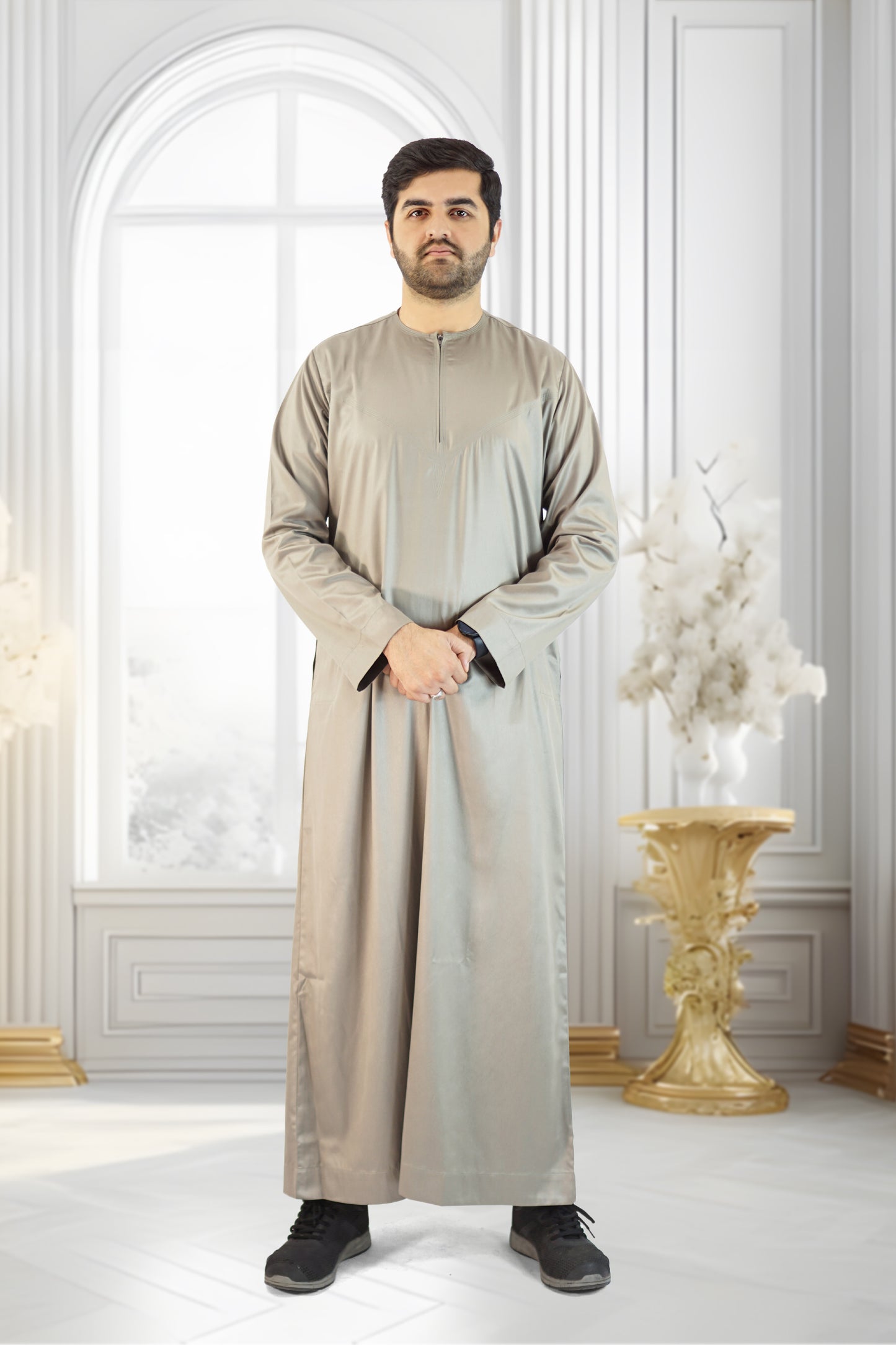 Light Beige Shiny Emirati Thobe Style with a Gleam