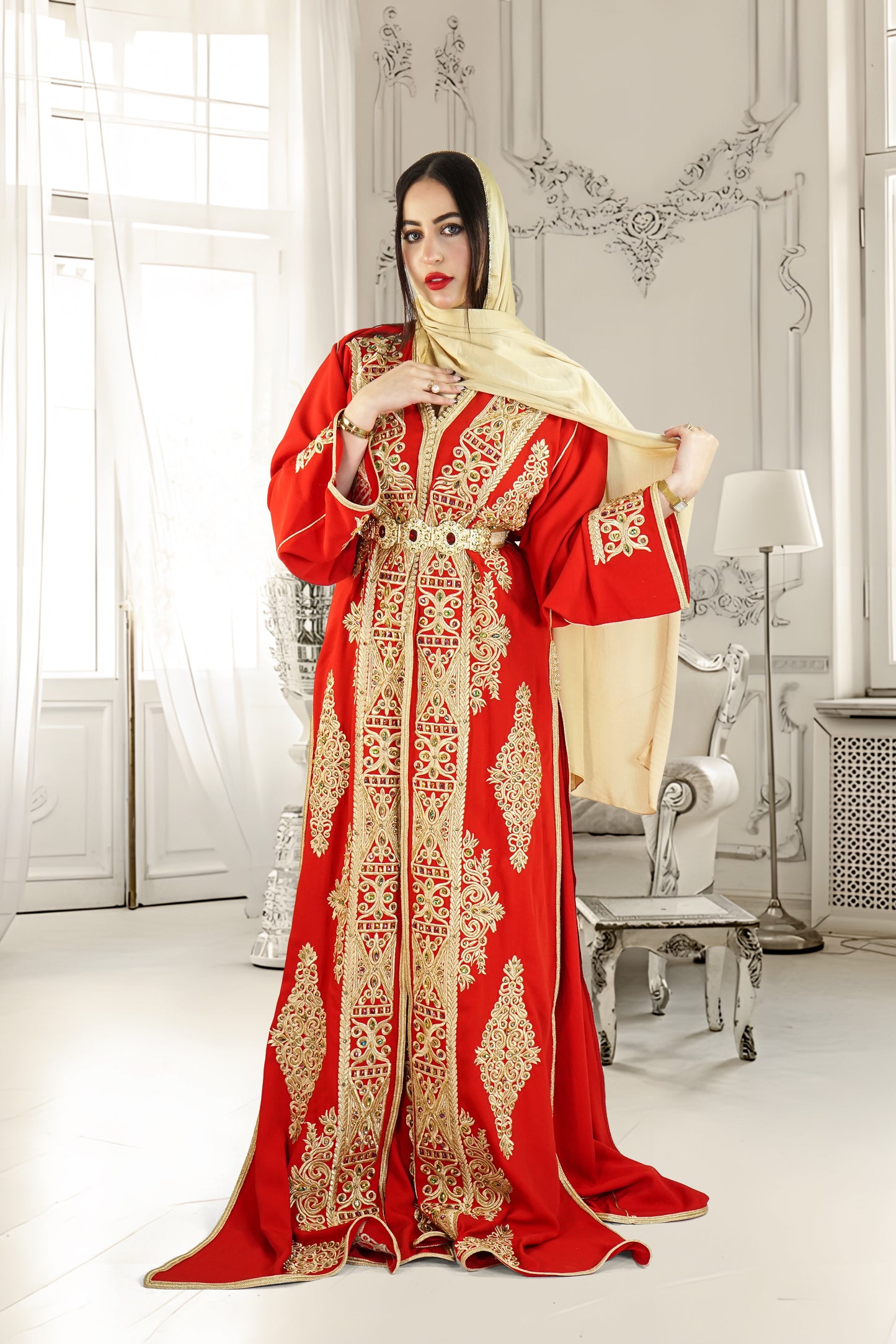 Exquisite Moroccan Luxury Stone-Work 2-Piece Kaftan – Silk Crepe Red