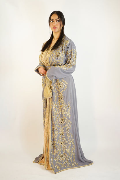 Elegant Gray & Gold Moroccan Takshita with Handcrafted Stonework and Belt