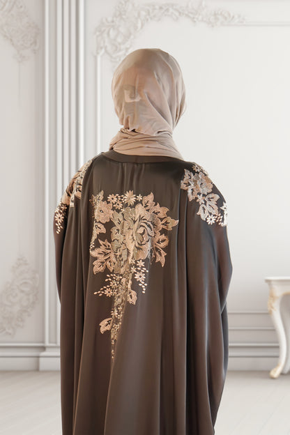 Dubai Style Embroidered Kaftan in Rich Brown