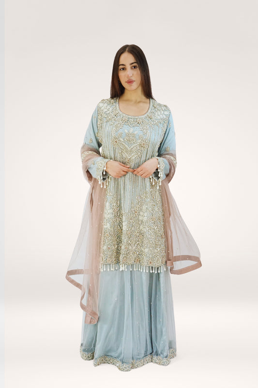 Elegant Grey Soft Net Lehenga with Pearl Tassels