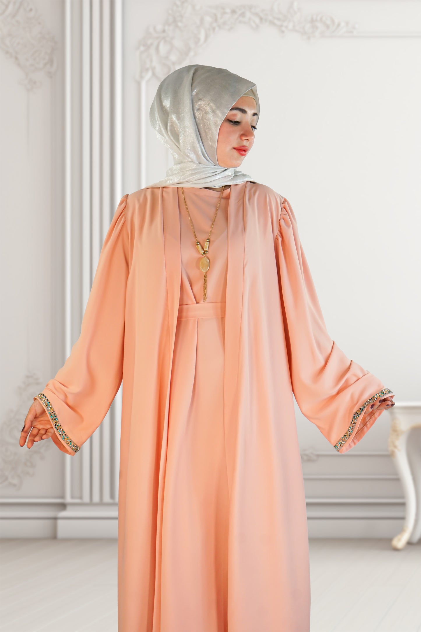 Two-Piece Moroccan Abaya with Belt – Thick Chiffon Elegance