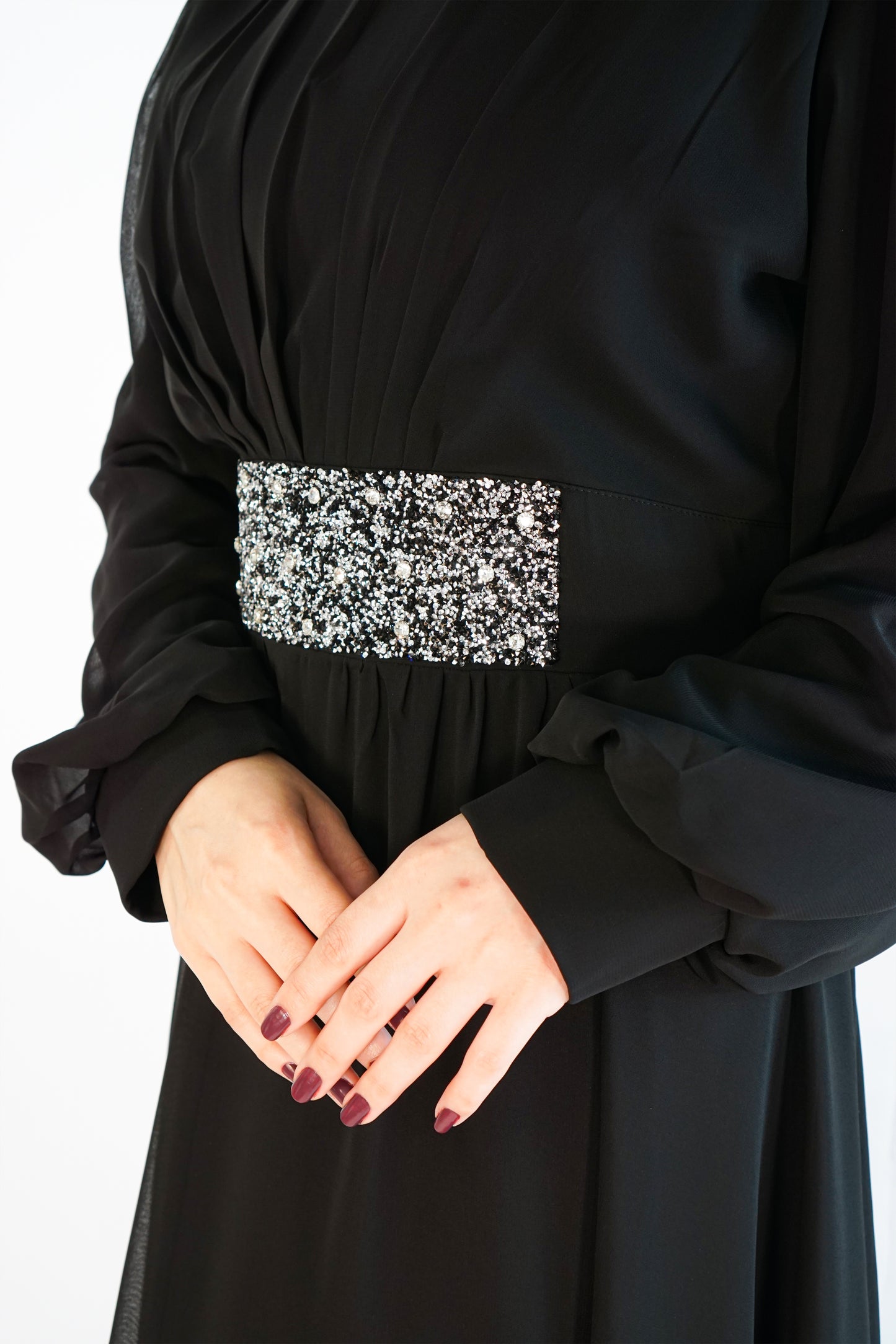 Elegant Black Chiffon Dress with Pleated Design and Swarovski Accents