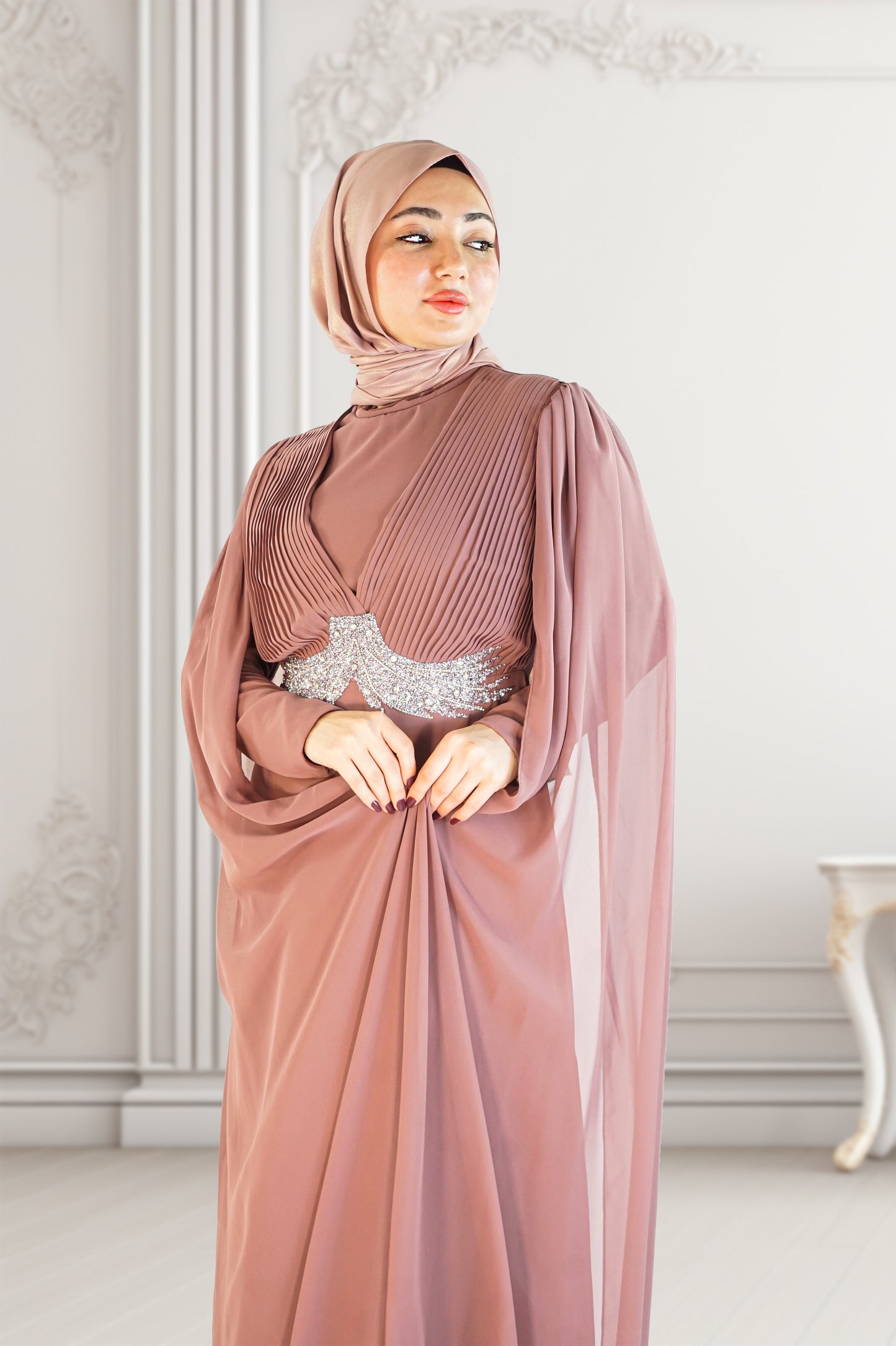 Mauve Turkish Dress with Elegant Long Cape Sleeves