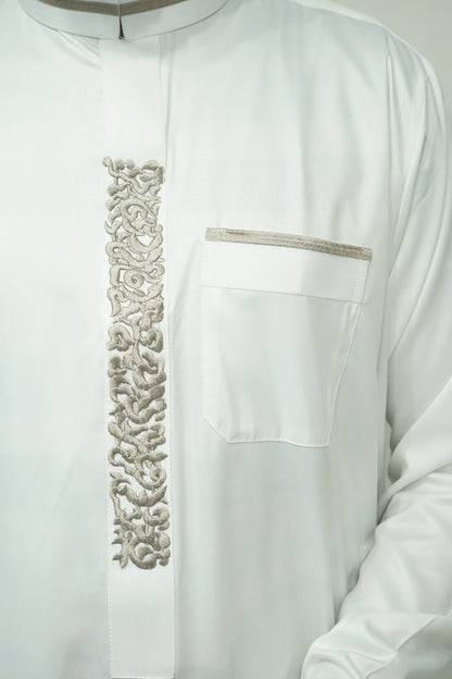 Al Hannawi Designer Thobe White with Khaki Embroidery