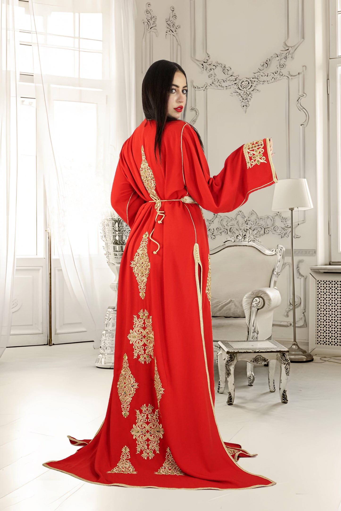 Exquisite Moroccan Luxury Stone-Work 2-Piece Kaftan – Silk Crepe Red