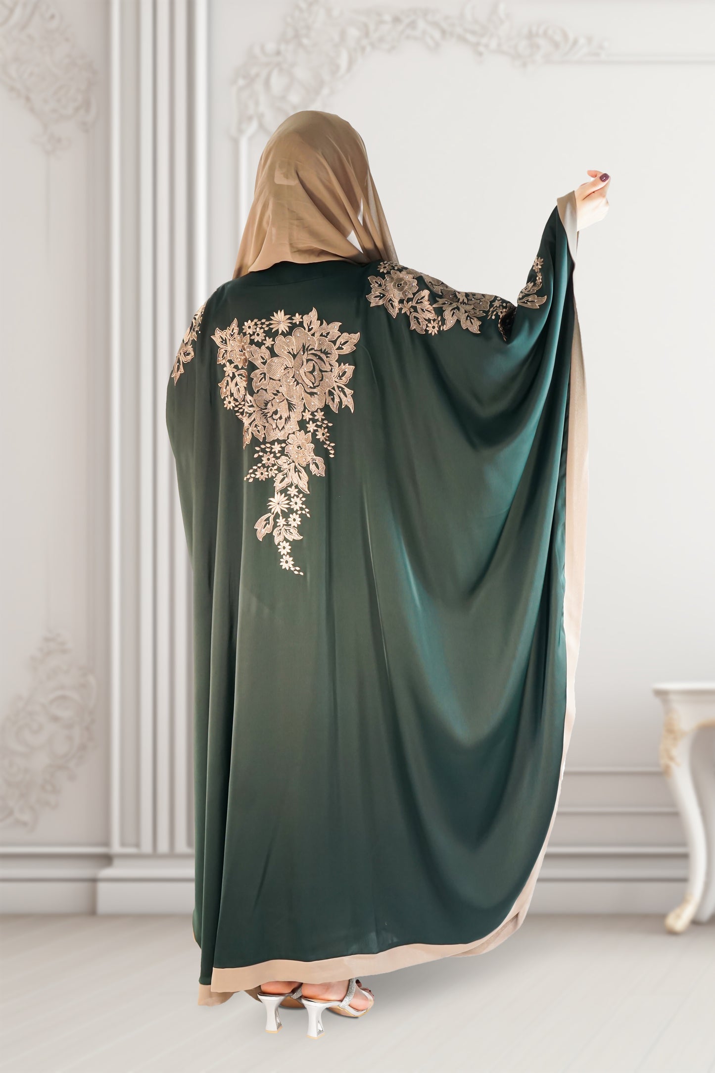 Dubai Style Embroidered Kaftan in Royal Green