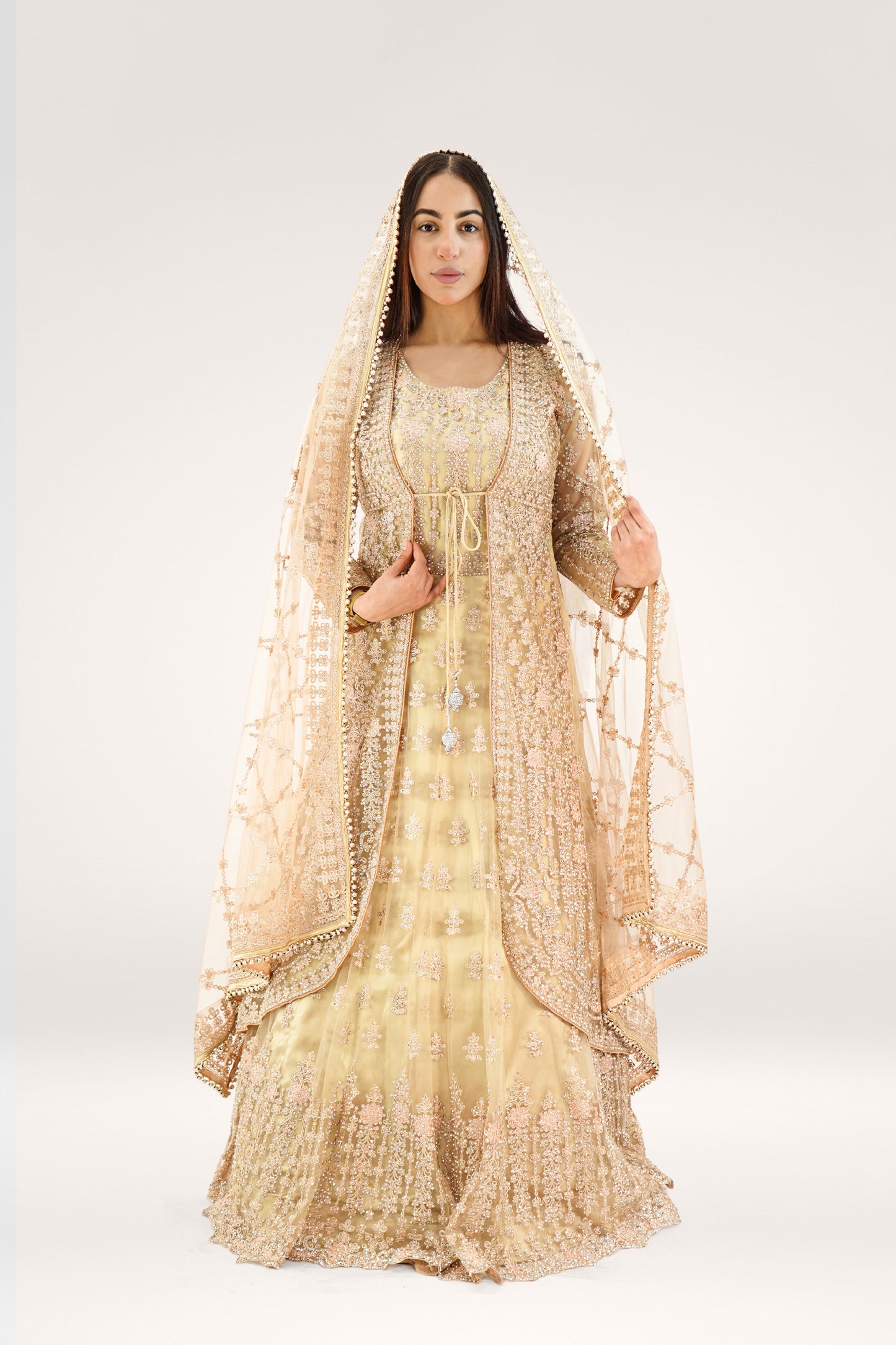 Elegant Golden Soft Net Asian Long Suit