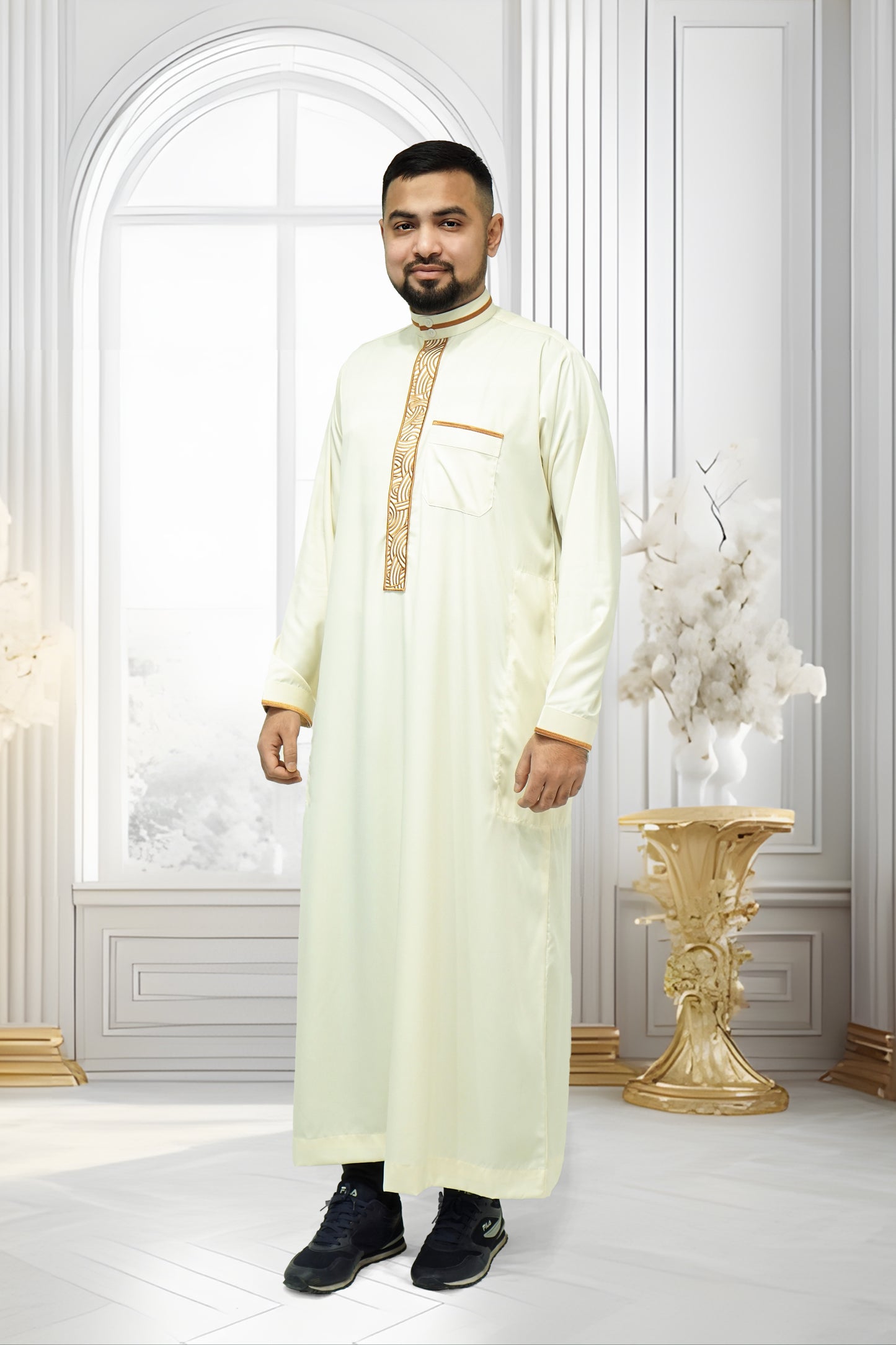 Al Hannawi Designer Thobe Cream with Golden Embroidery Work