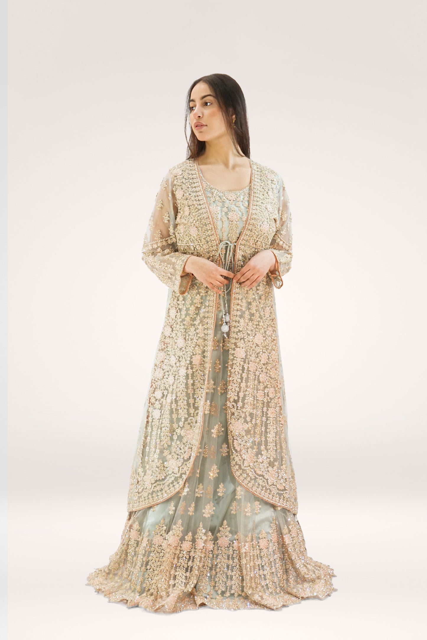 Elegant Sky Blue Soft Net Asian Long Suit with Stone Work