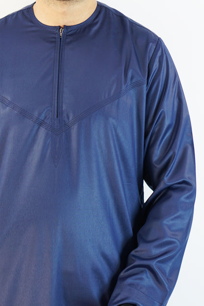 Shiny Blue Emirati Thobe with Zip and Collarless Design