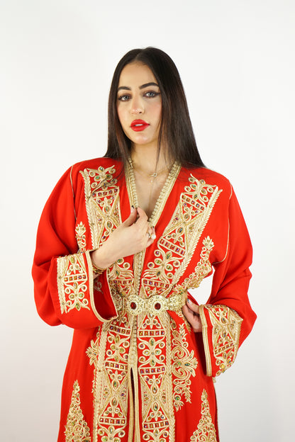 Exquisite Moroccan Luxury Stone-Work 2-Piece Kaftan – Silk Crepe Red