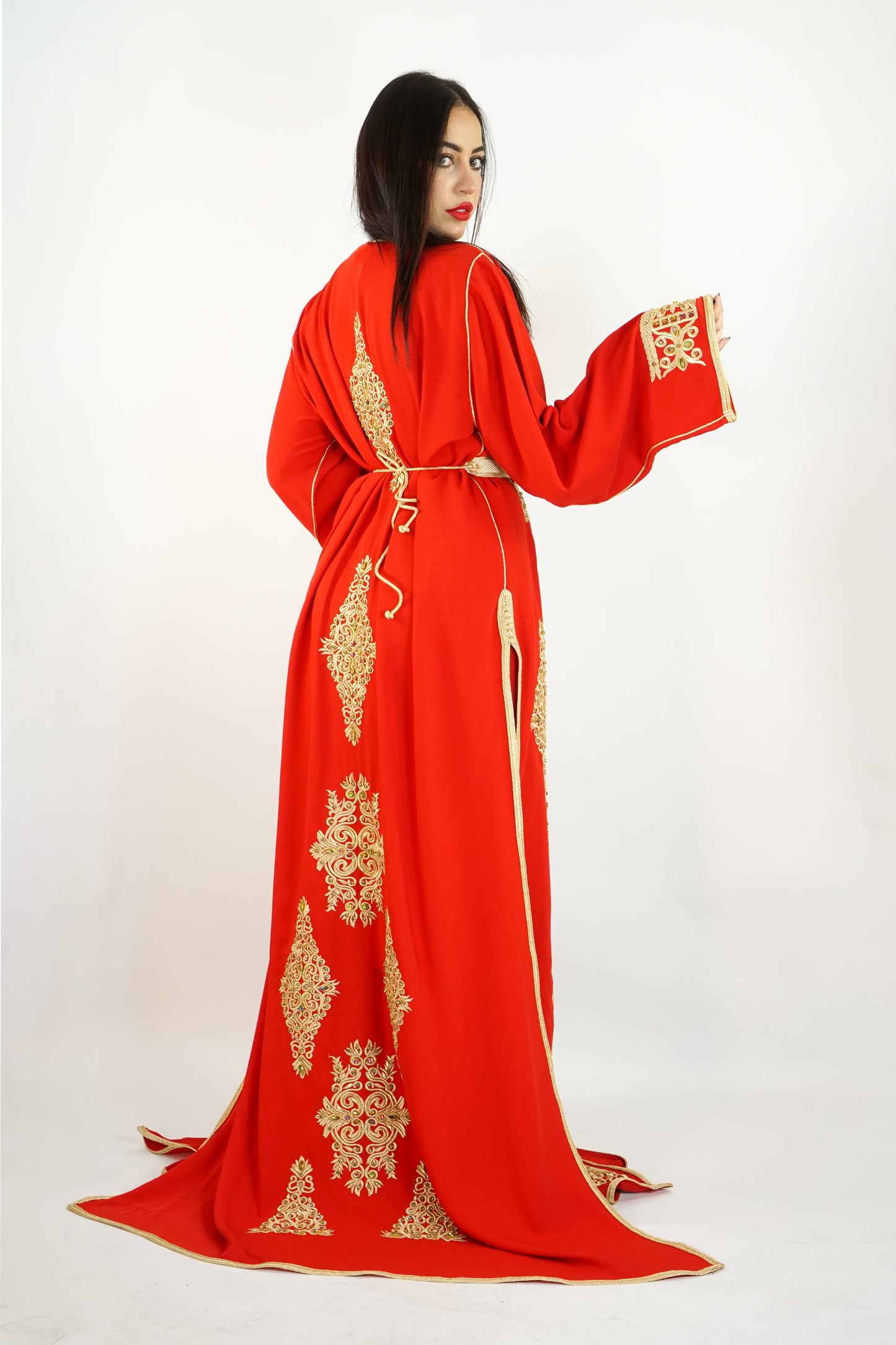 Exquisite Moroccan Luxury Stone-Work 2-Piece Kaftan – Silk Crepe Red