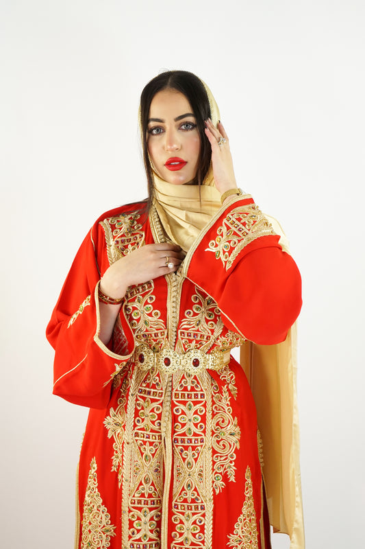 Exquisite Moroccan Luxury Stone-Work 2-Piece Kaftan – Silk Crepe Red