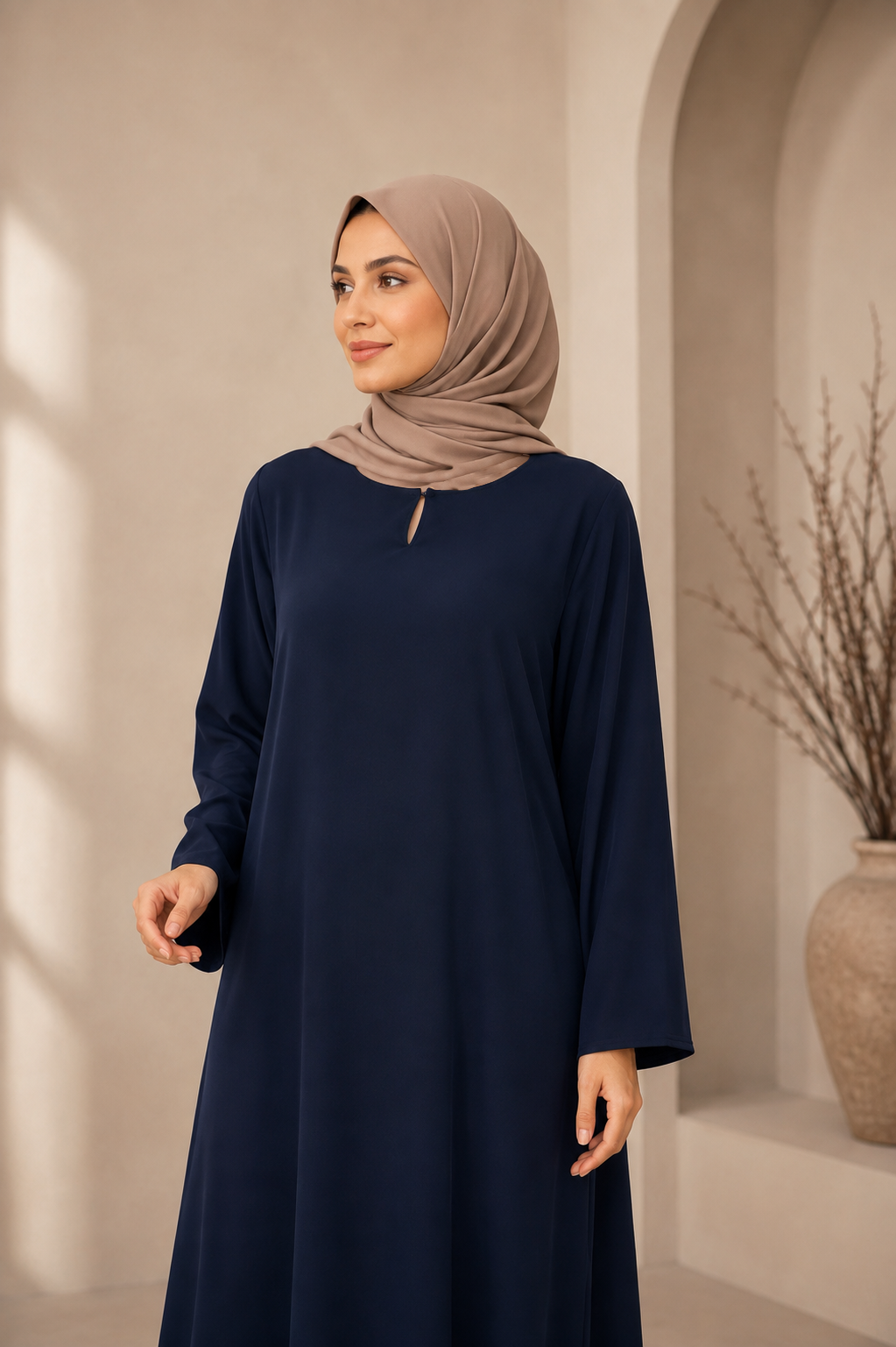 One Button Plain Nida Abaya – Navy Blue