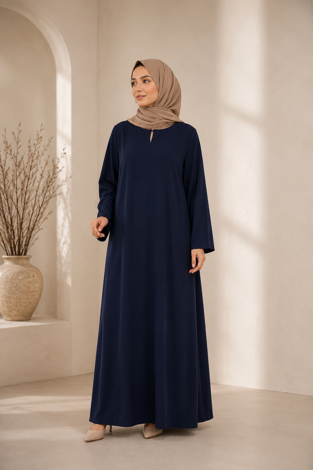 One Button Plain Nida Abaya – Navy Blue