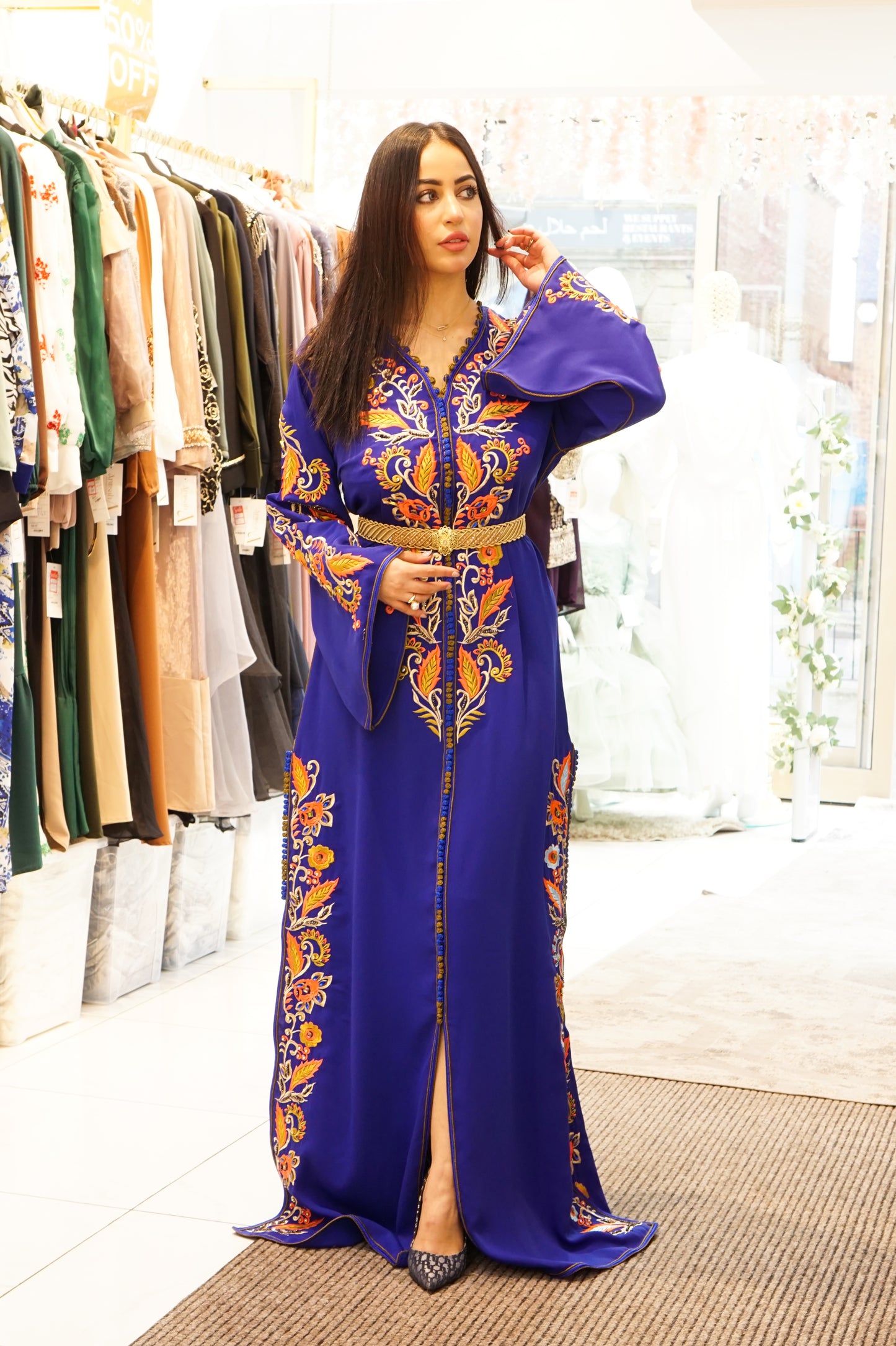 Moroccan Elegance: Single Kaftan with Side Embroidery and Stone Accents – Crape Silk Majesty