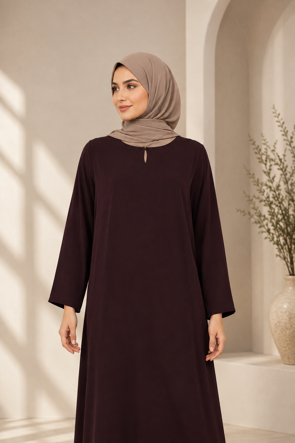 One Button Plain Nida Abaya – Plum