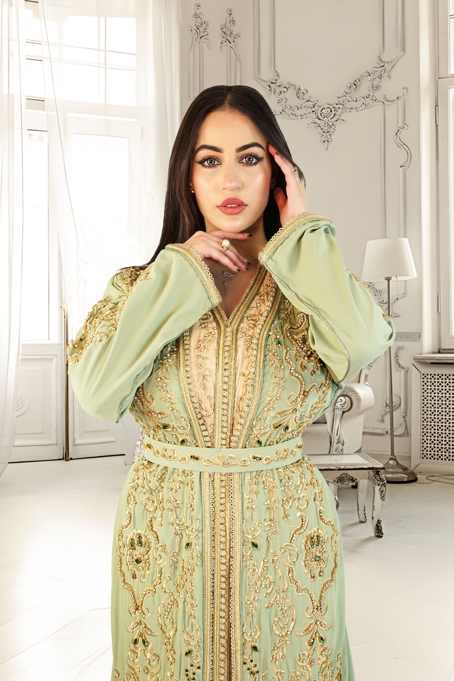 Sage Green Moroccan Takshita with Gold Embroidery and Matching Belt