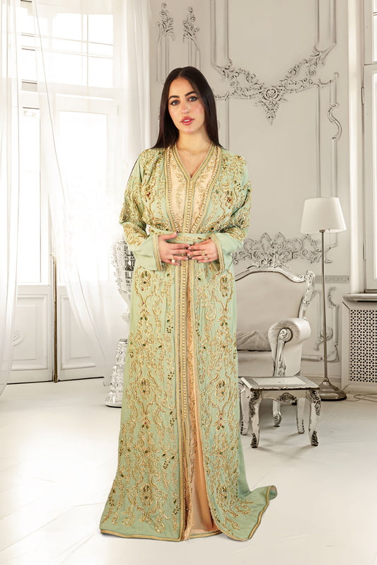 Sage Green Moroccan Takshita with Gold Embroidery and Matching Belt