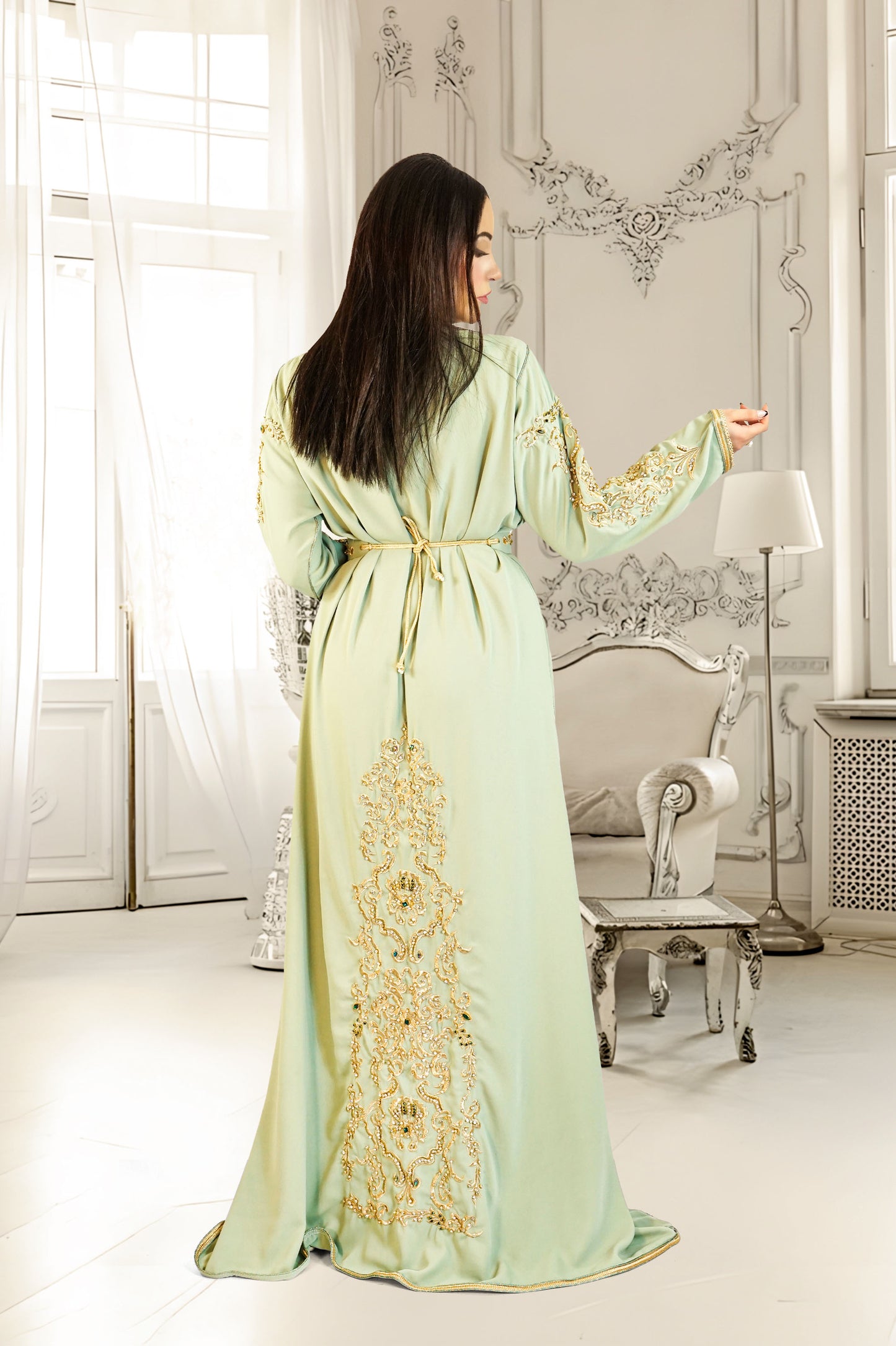 Sage Green Moroccan Takshita with Gold Embroidery and Matching Belt