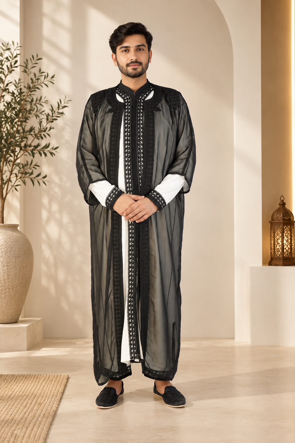 Men’s Black & White Jabador – Elegant Traditional Moroccan Style Outfit