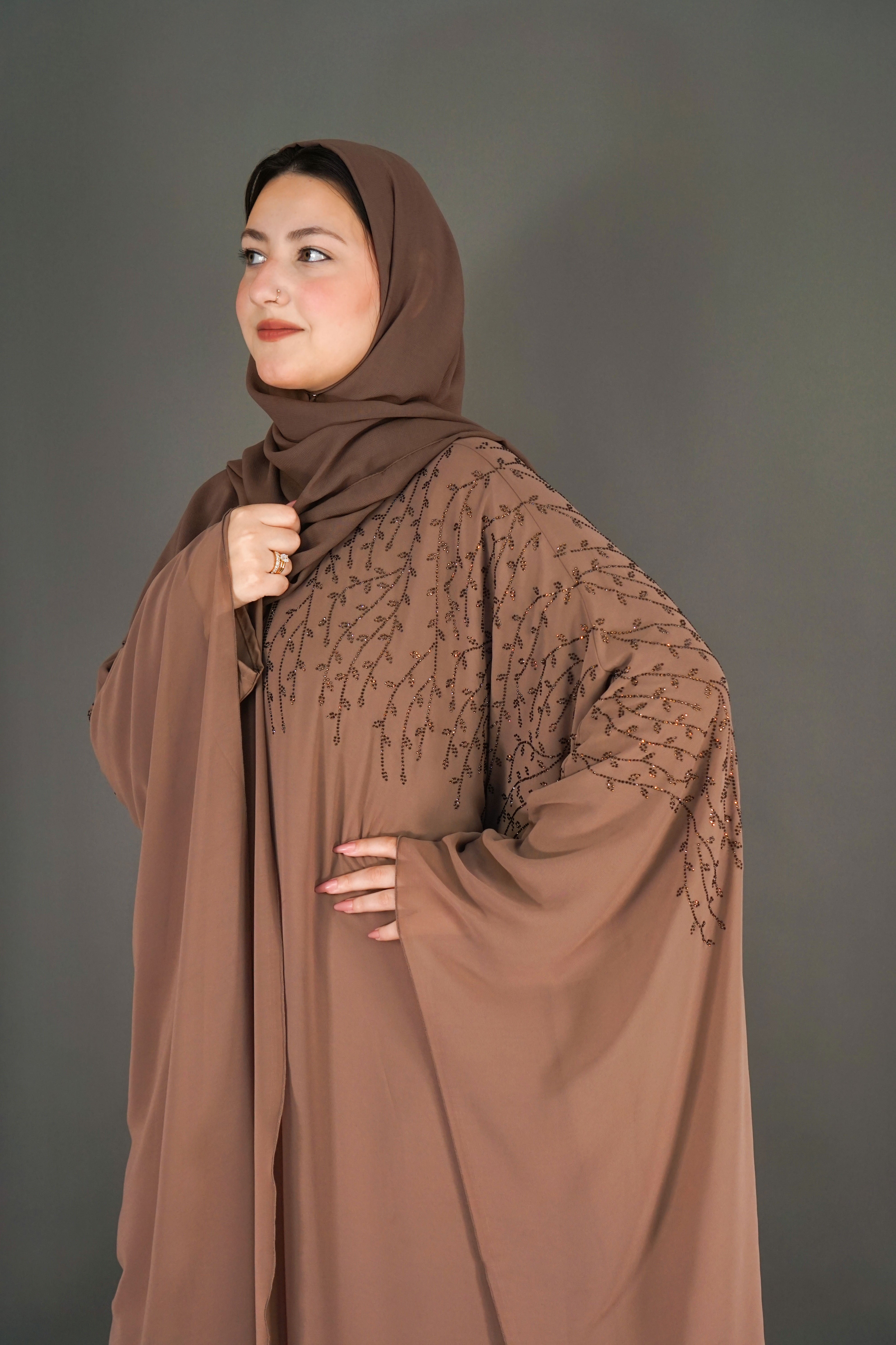 Chiffon Elegant Farasha Abaya with Scarf – Brown