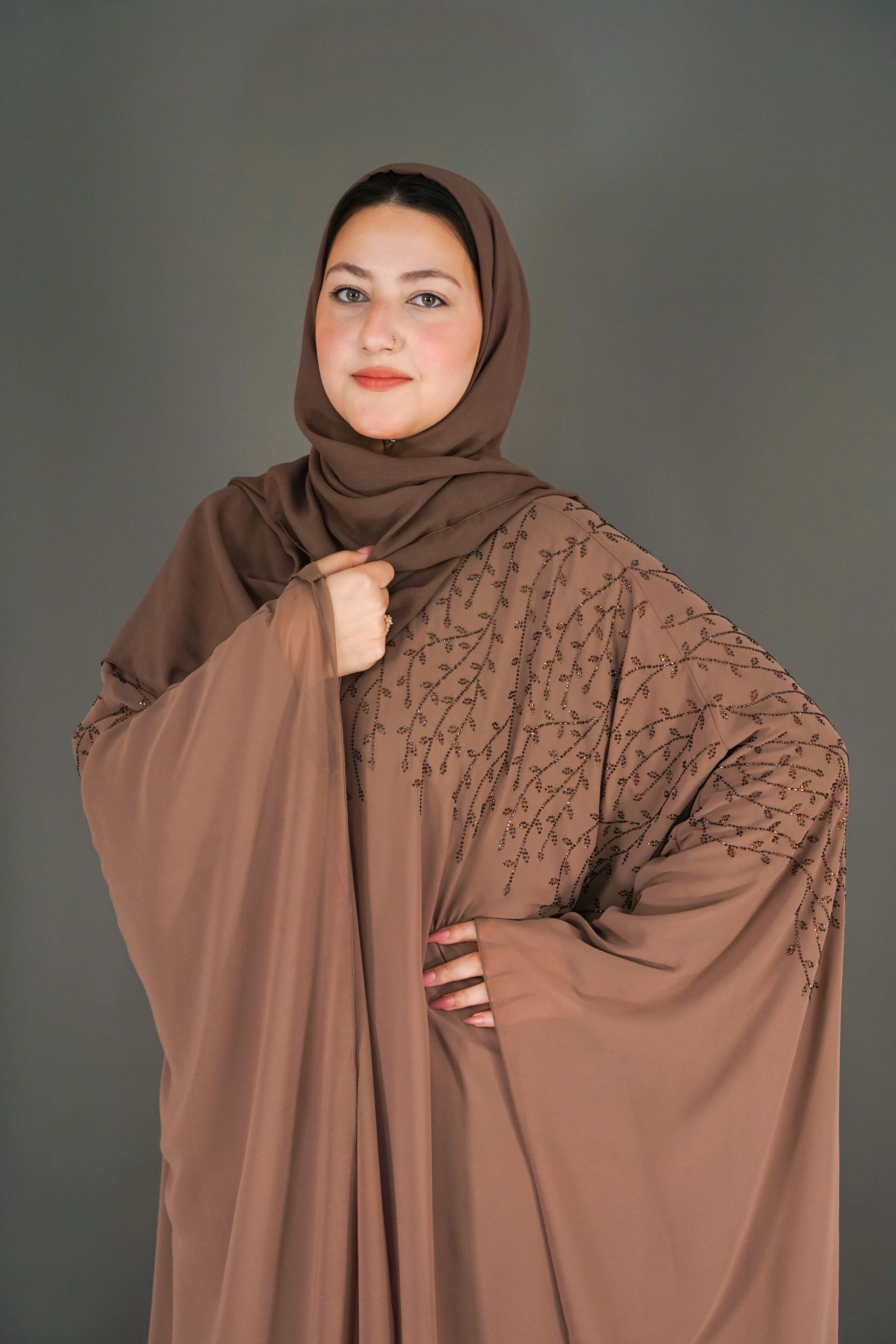 Chiffon Elegant Farasha Abaya with Scarf – Brown