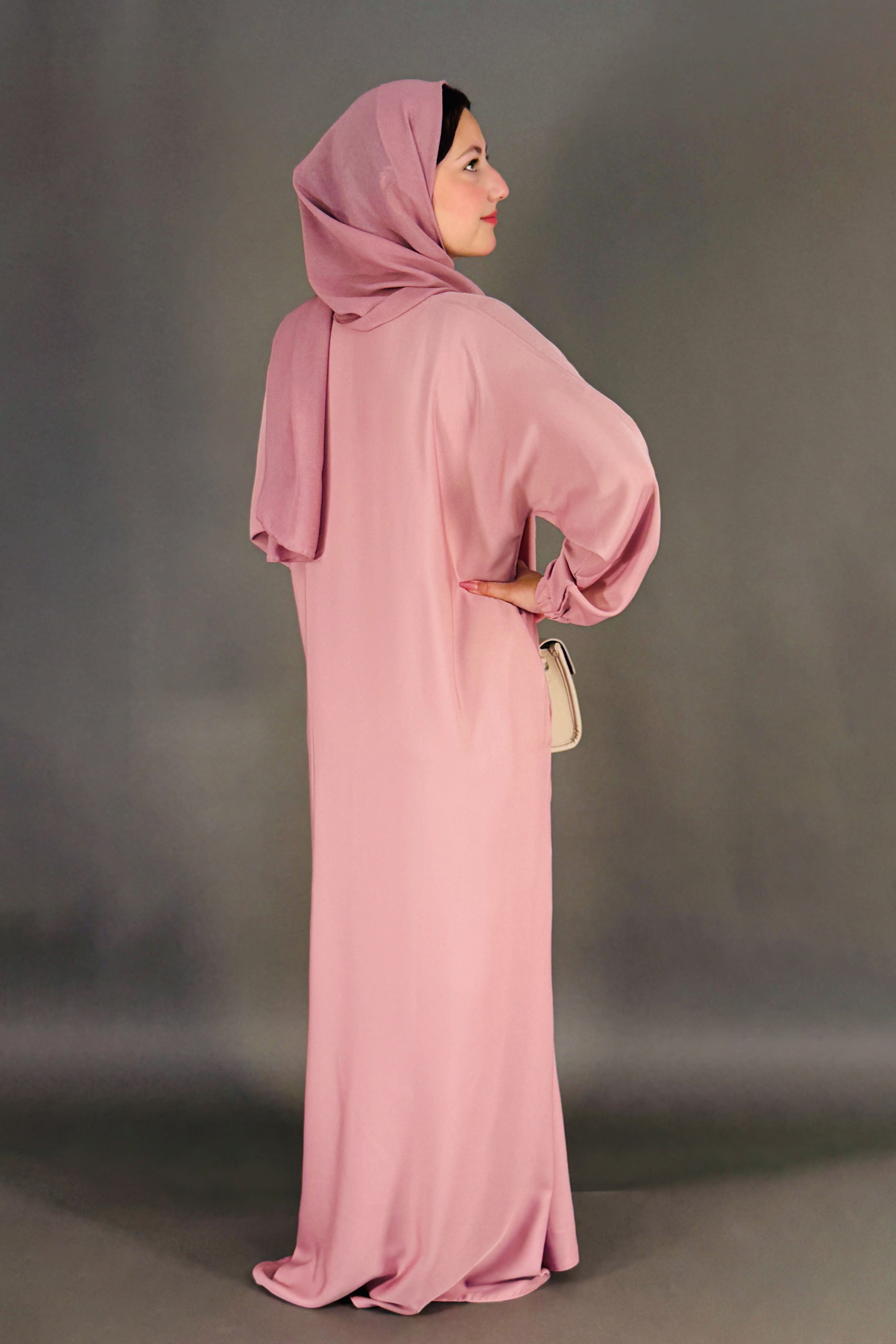 One Button Plain Abaya – Pink | Nida Fabric with Matching Scarf